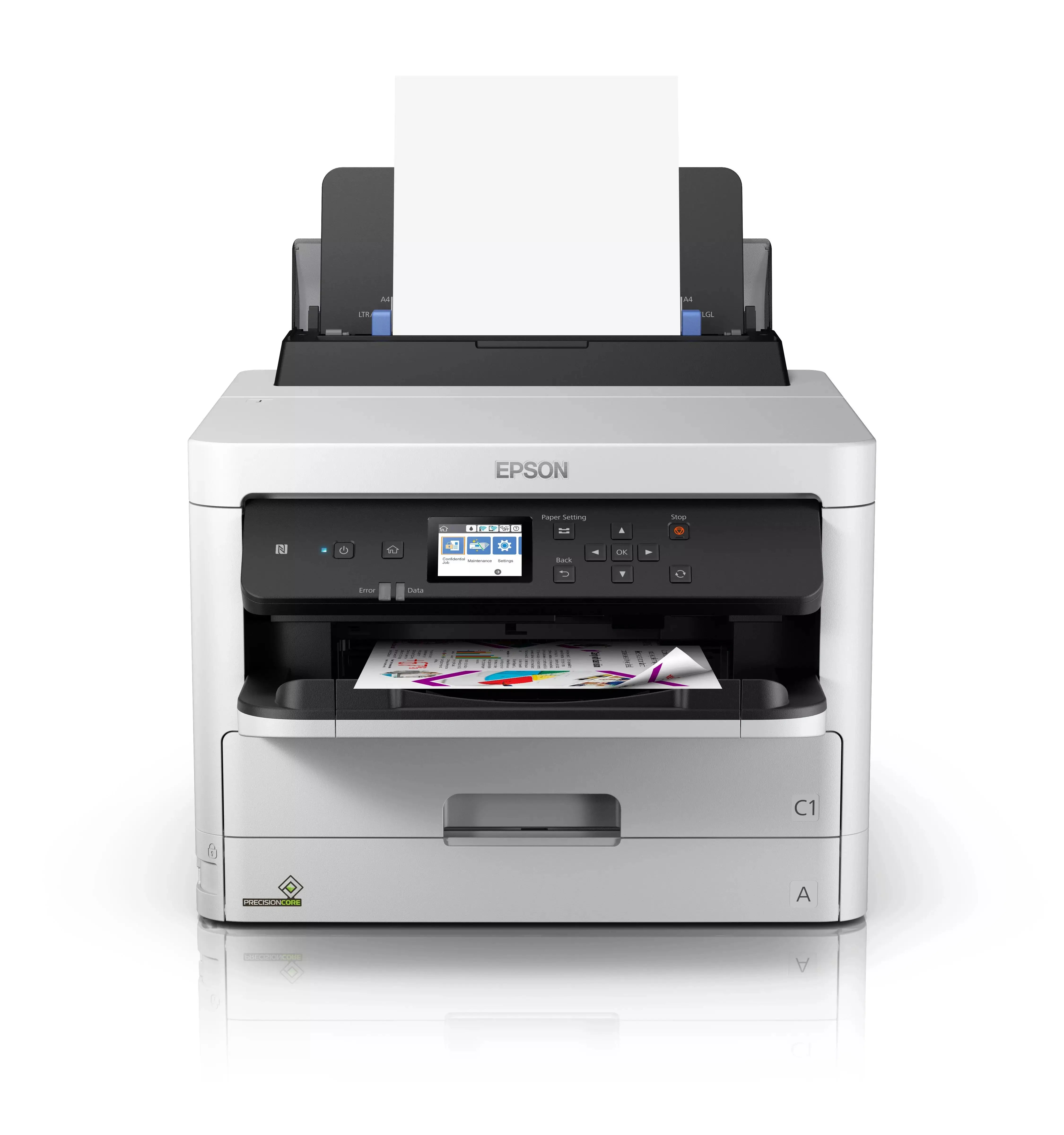 Stampante multifunzione Epson WorkForce Pro WF-C579R in funzione, con stampa a colori di alta qualità e alimentatore carta posteriore aperto. Stampante multifunzione Epson WorkForce Pro WF-C579R in funzione, con stampa a colori di alta qualità e alimentatore carta posteriore aperto.